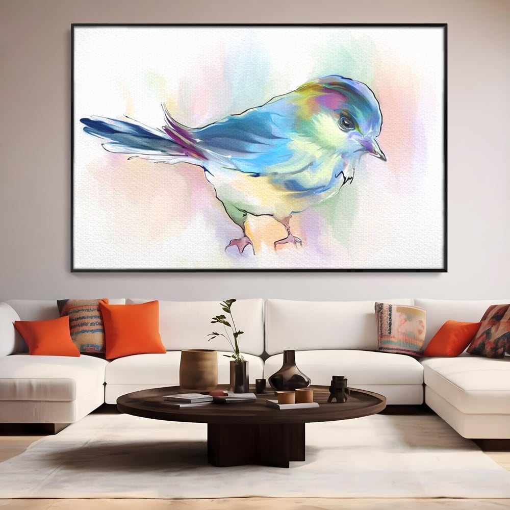 Tablou canvas cu tablou canvas cu pasare colorata in acuarela, in rama de aluminiu negru, pe perete intr-un living